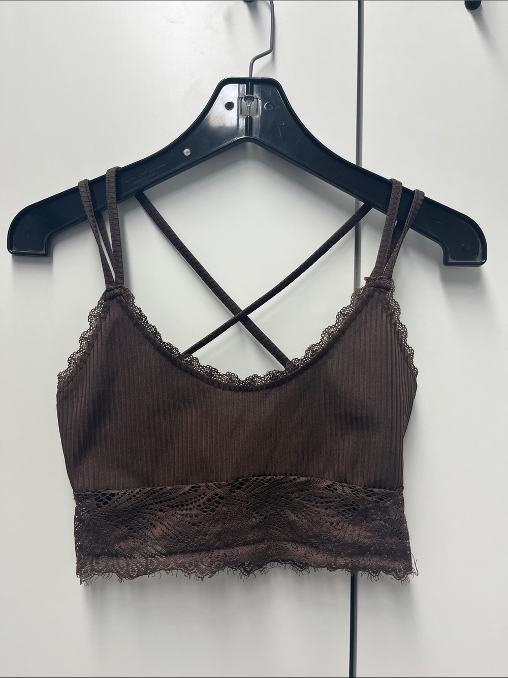 Brown Ribbed Lace-Trim Crisscross Bralette